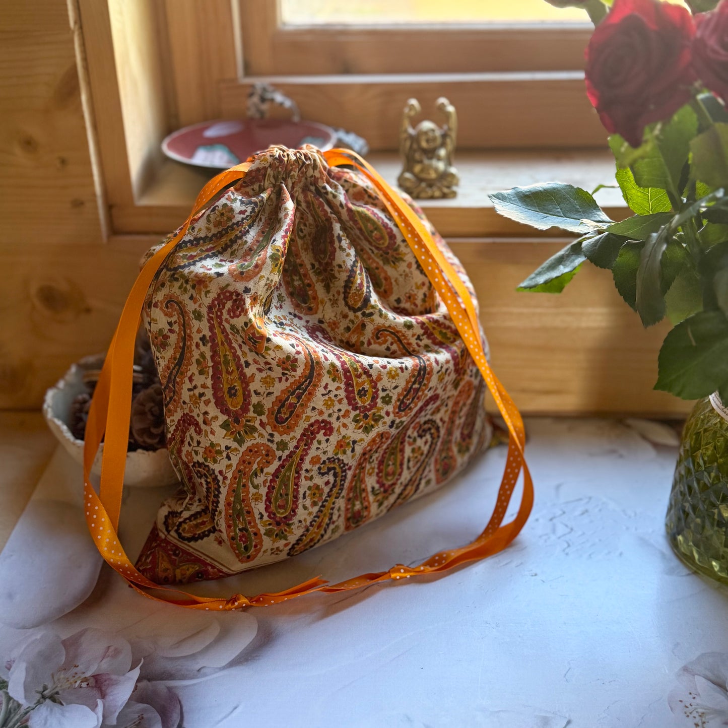Handmade Paisley Silk Gift Bag made from reclaimed saree fabric: Floral Silk Drawstring Pouch, Reusable Wrap