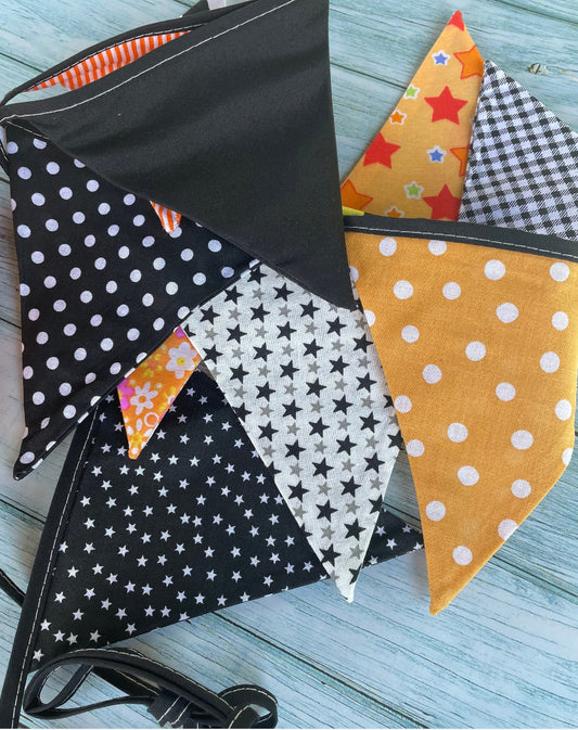 3m Fun Halloween Fabric Bunting, Great Baby First Halloween Decoration, Orange and Black Cotton Fabric Bunting | Washable | Reusable | Plastic Free