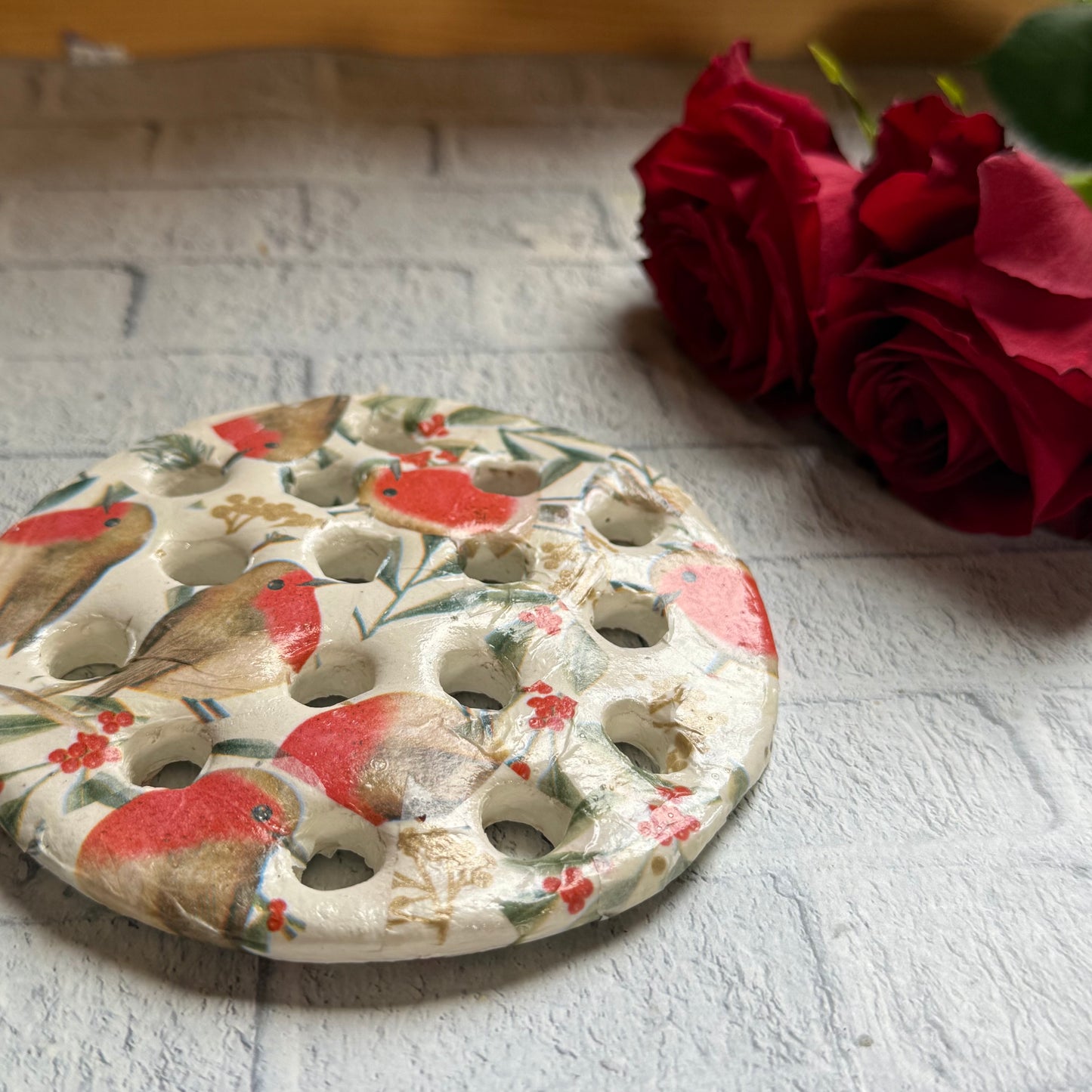 Handmade Christmas Robin Flower Frog: Ceramic Floral Arranging Disc