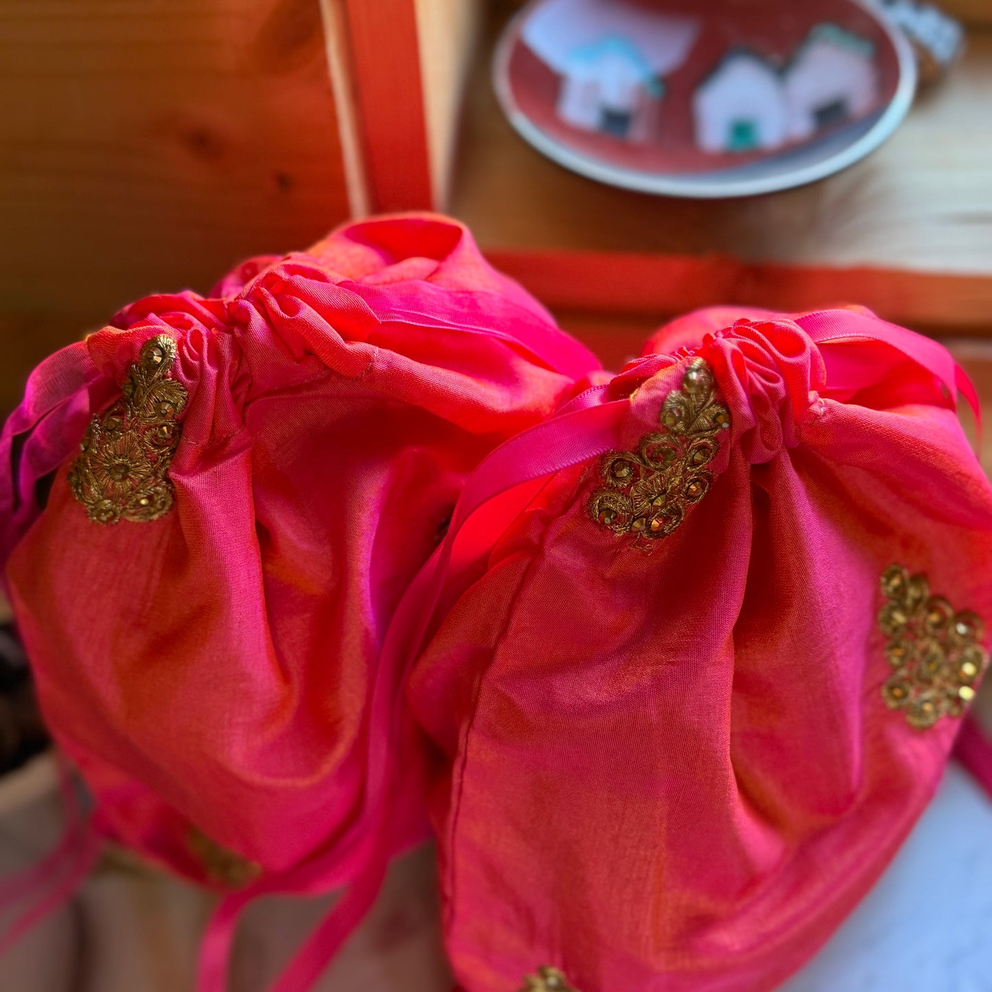 Handmade Orange and Gold Silk Gift Bag made from reclaimed saree fabric: Floral Drawstring Pouch