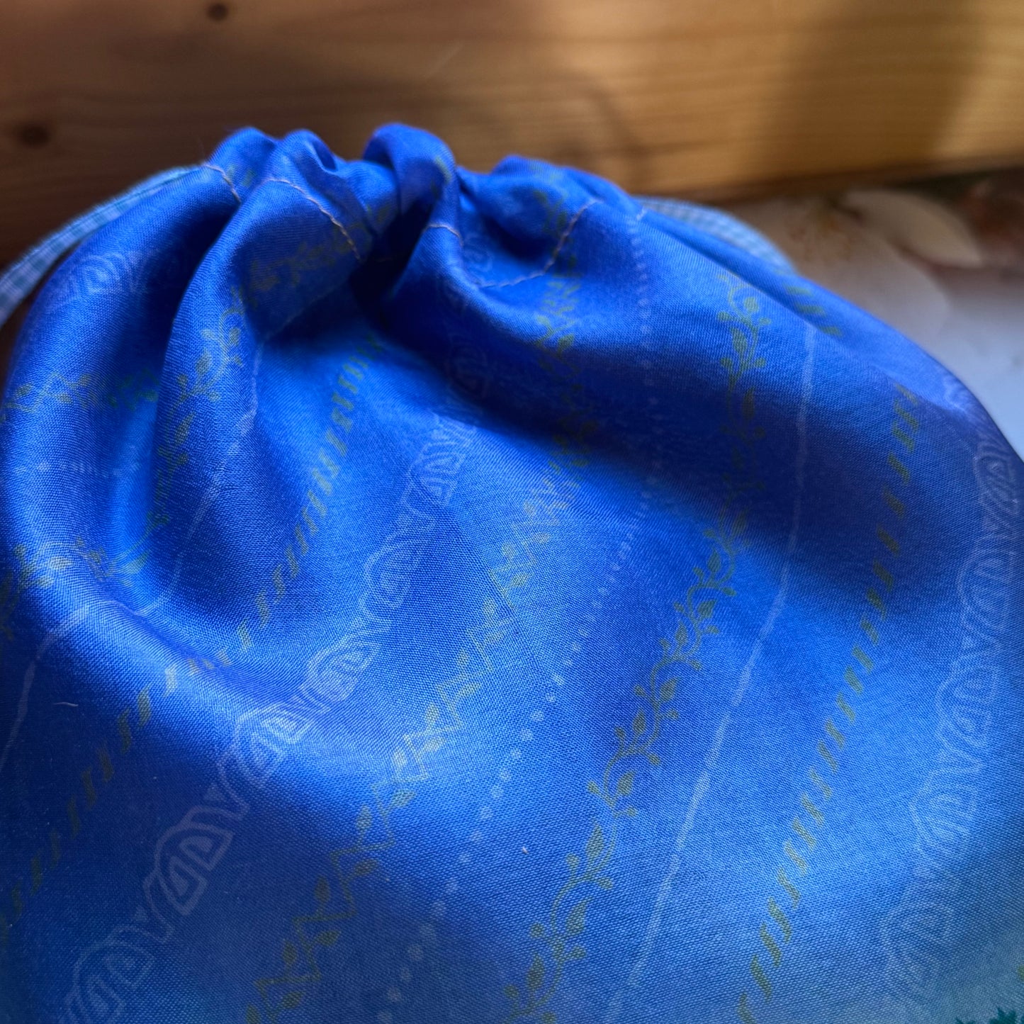 Handmade Blue Silk Gift Bag with Green and Gold Band made from reclaimed saree fabric, Reusable Christmas Gift Bag,