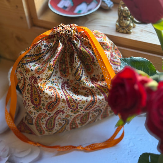 Handmade Paisley Silk Gift Bag made from reclaimed saree fabric: Floral Silk Drawstring Pouch, Reusable Wrap