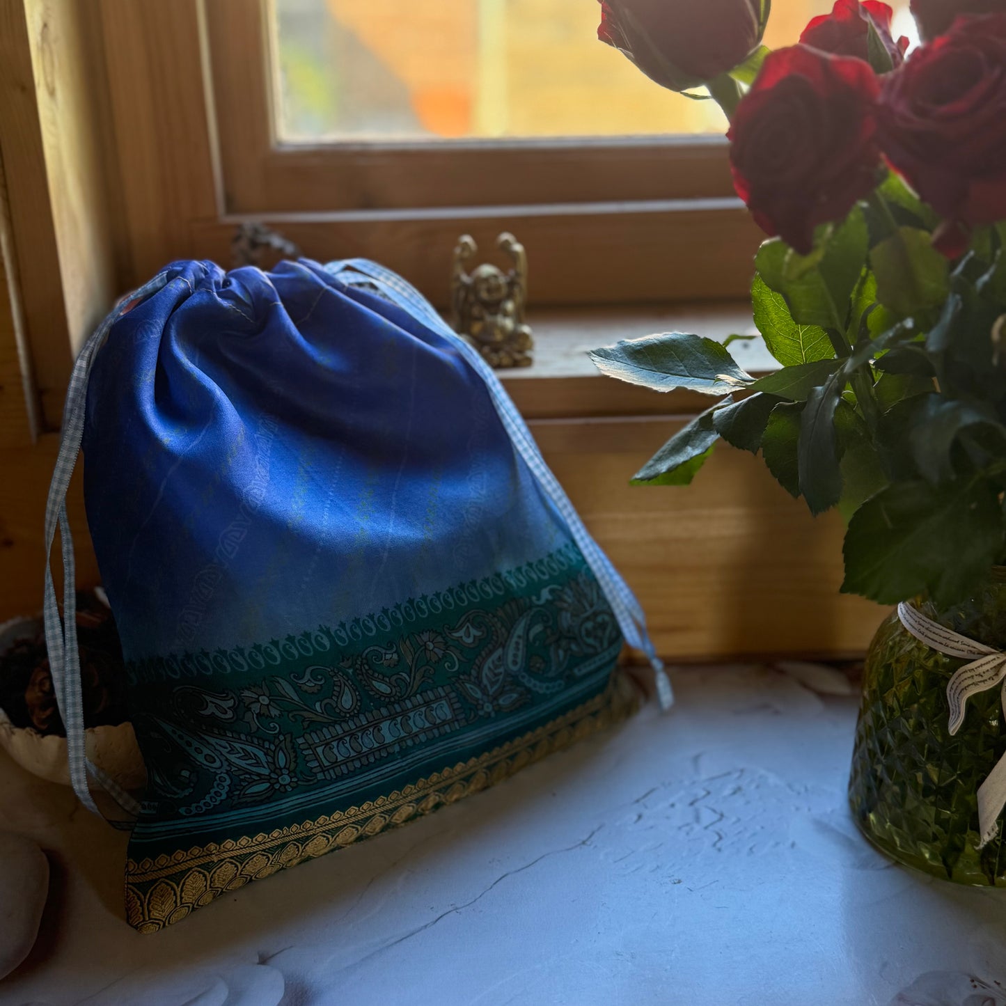 Handmade Blue Silk Gift Bag with Green and Gold Band made from reclaimed saree fabric, Reusable Christmas Gift Bag,