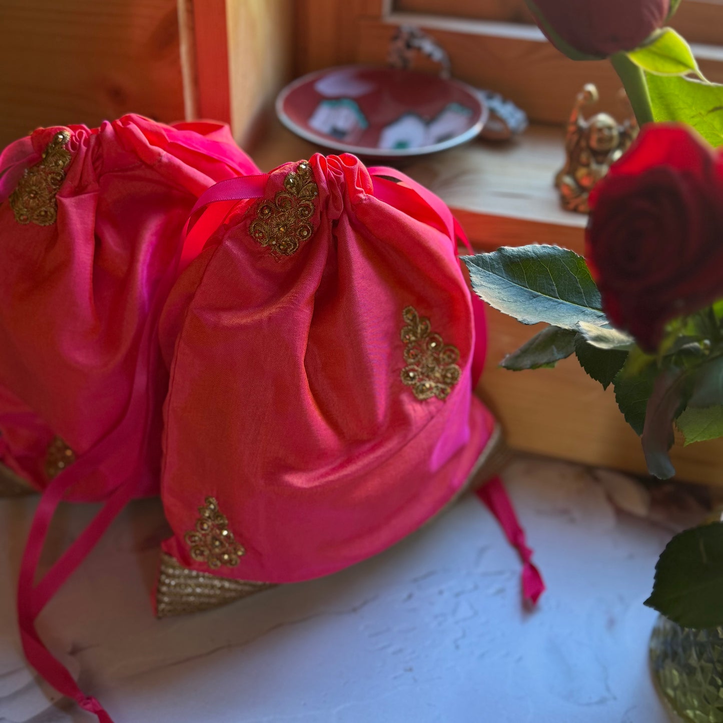 Handmade Orange and Gold Silk Gift Bag made from reclaimed saree fabric: Floral Drawstring Pouch