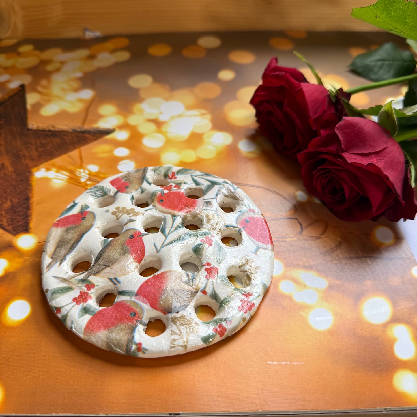 Handmade Christmas Robin Flower Frog: Ceramic Floral Arranging Disc