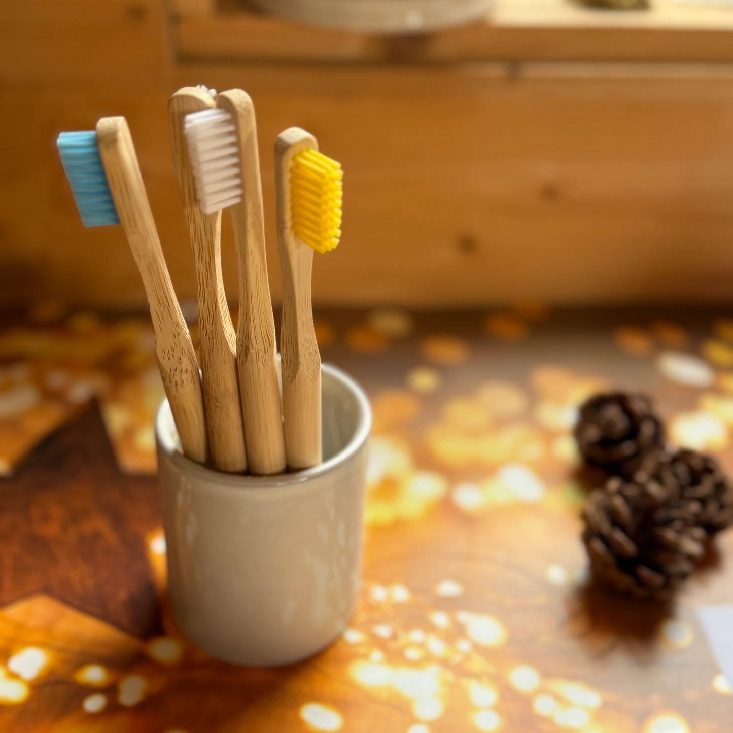 Family Set of 6 Stylist Bamboo Toothbrushes each with a separate coloured handle for easy identification