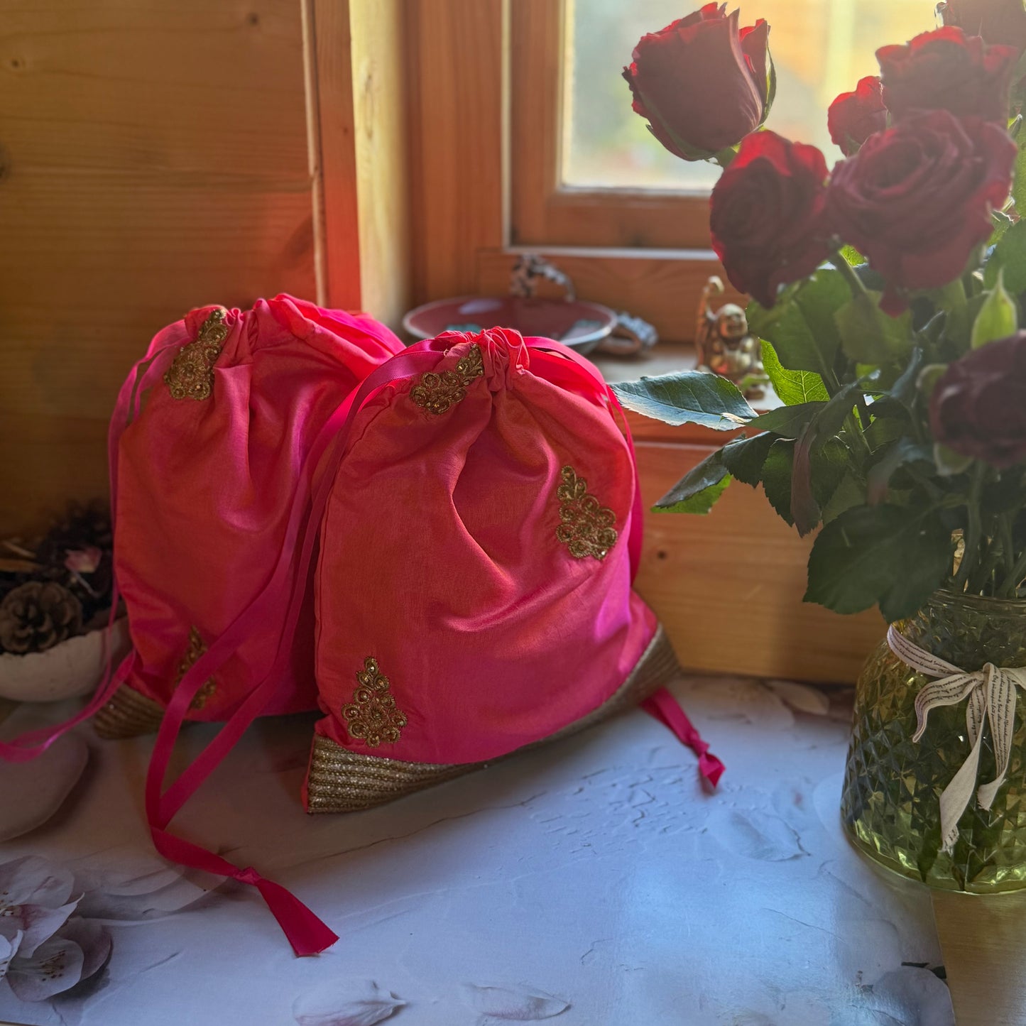 Handmade Orange and Gold Silk Gift Bag made from reclaimed saree fabric: Floral Drawstring Pouch