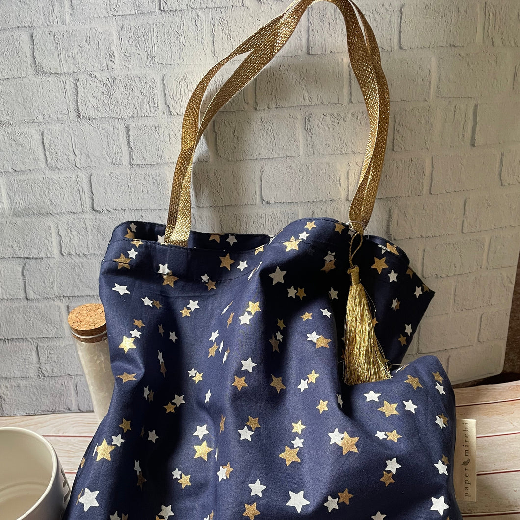 Blue and Gold Stars Luxury Christmas Reusable Fabric Gift Bags, Tote Style, Handprinted, Eco Friendly Gift Wrap, 100% Cotton