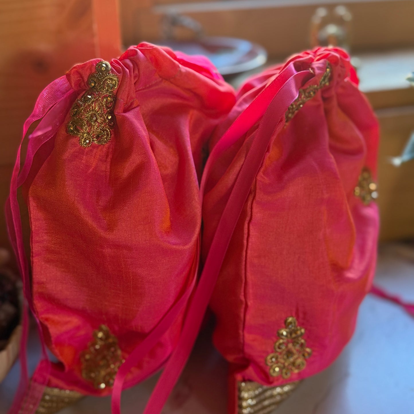 Handmade Orange and Gold Silk Gift Bag made from reclaimed saree fabric: Floral Drawstring Pouch