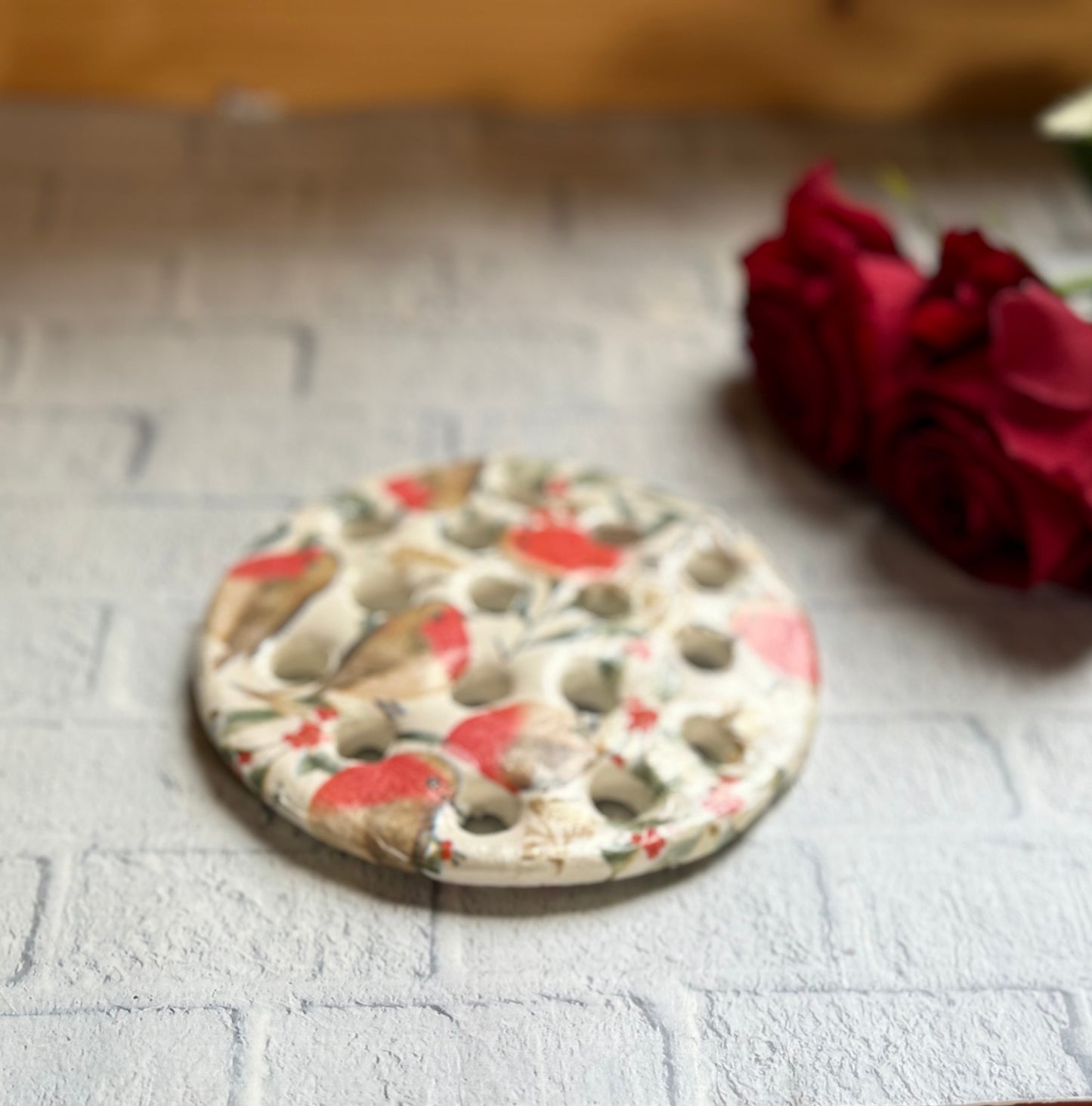 Handmade Christmas Robin Flower Frog: Ceramic Floral Arranging Disc