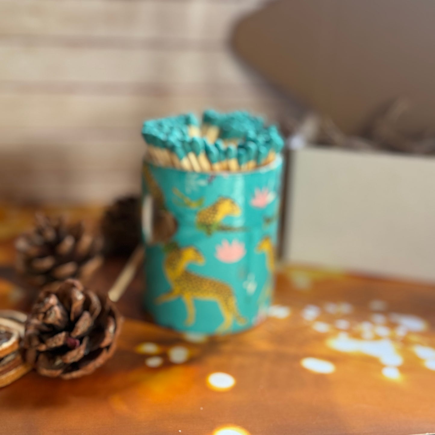 Turquoise Cheetah Hand Decorated Match Pot with Strike and Turquoise 10cm Matches