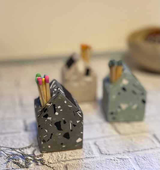 House Shaped Jesmonite Terrazzo Matchstick Holder Grey