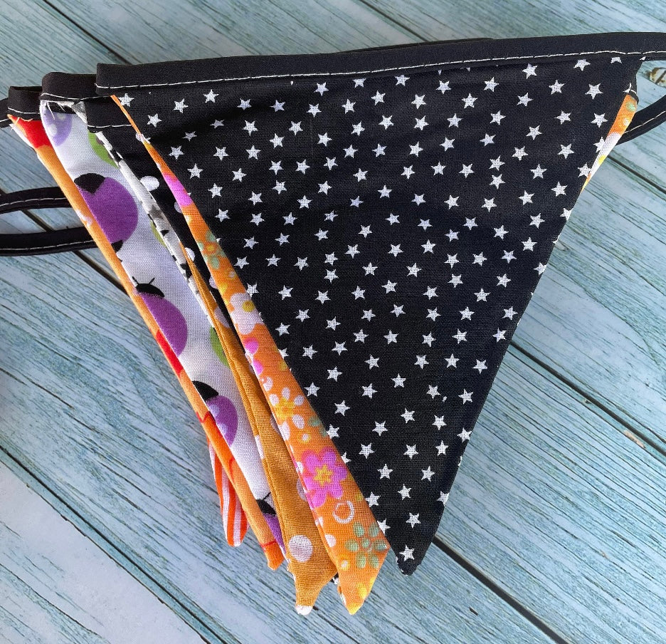 3m Fun Halloween Fabric Bunting, Great Baby First Halloween Decoration, Orange and Black Cotton Fabric Bunting | Washable | Reusable | Plastic Free