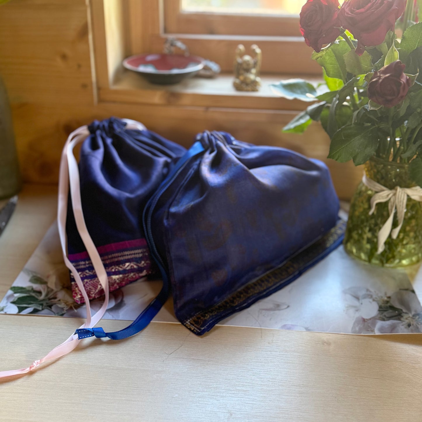 Handmade Blue and Pink Silk Gift Bag made from reclaimed saree fabric, Drawstring Pouch, Reusable Gift Bag
