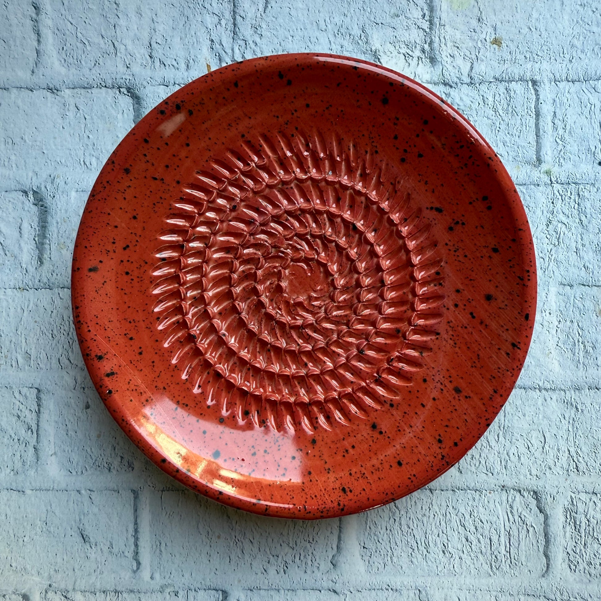 Red ceramic plate with a textured design on a light blue brick wall.