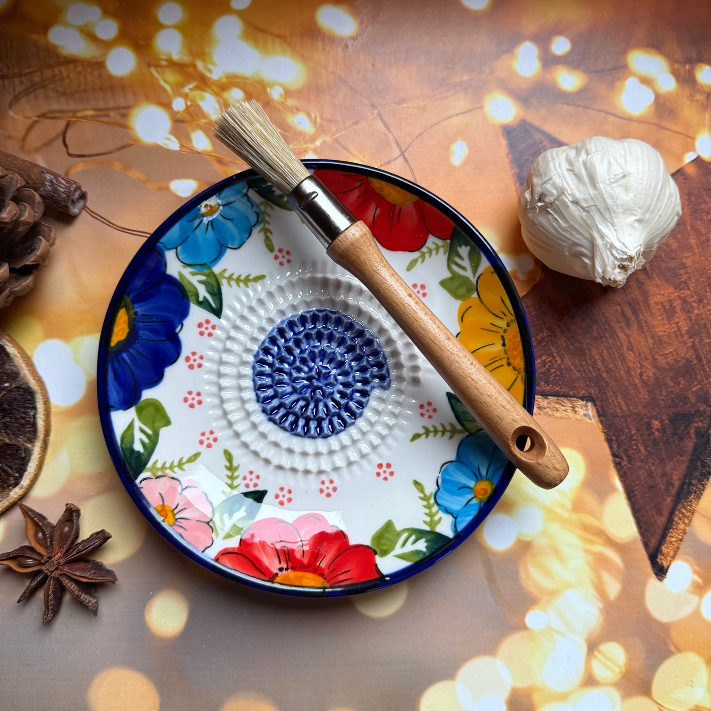 Anemone Design Ceramic Garlic, Ginger and Vegetable Grater Plate and with Brush (Optional), Garlic Grater Plate