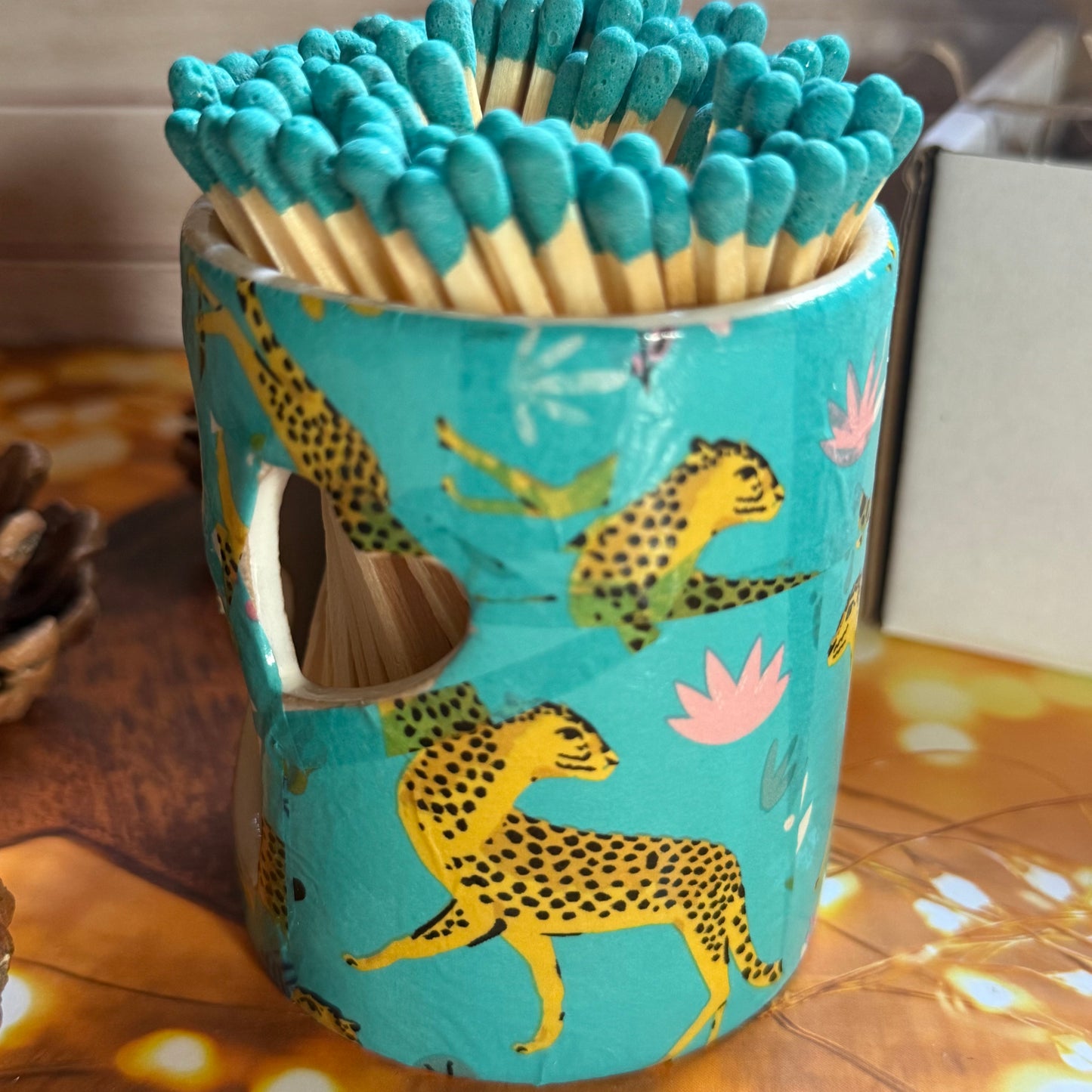 Turquoise Cheetah Hand Decorated Match Pot with Strike and Turquoise 10cm Matches