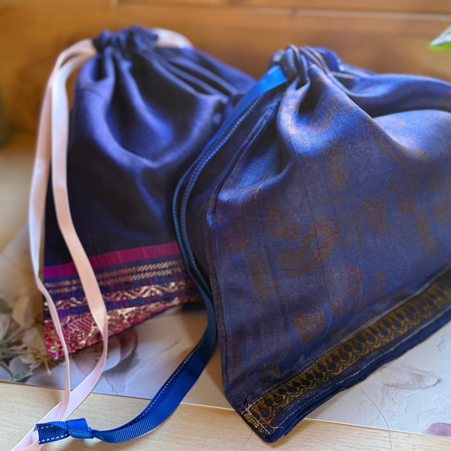 Handmade Blue and Pink Silk Gift Bag made from reclaimed saree fabric, Drawstring Pouch, Reusable Gift Bag
