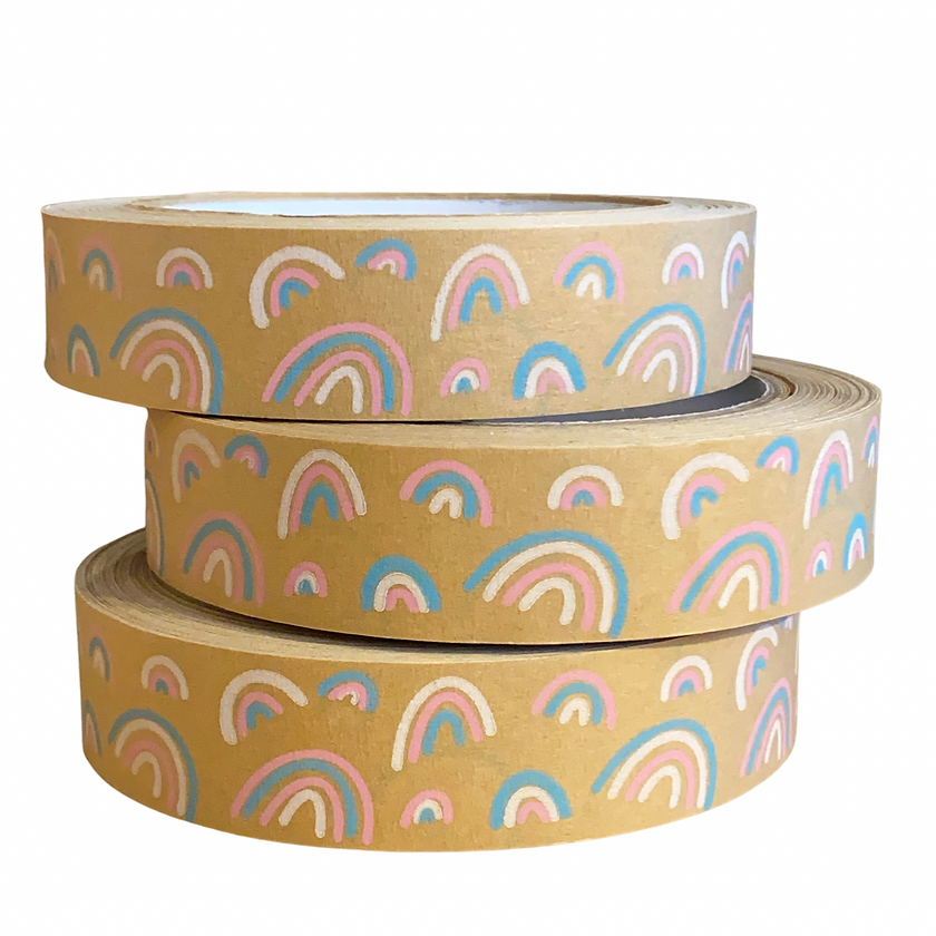 Eco-Friendly Sticky Tape - Rainbow, Recyclable Compostable and Paper Kids Gift Tape - 50 meter, Fun Christmas Kraft Tape, Eco Packaging Tape - Rainbow Design