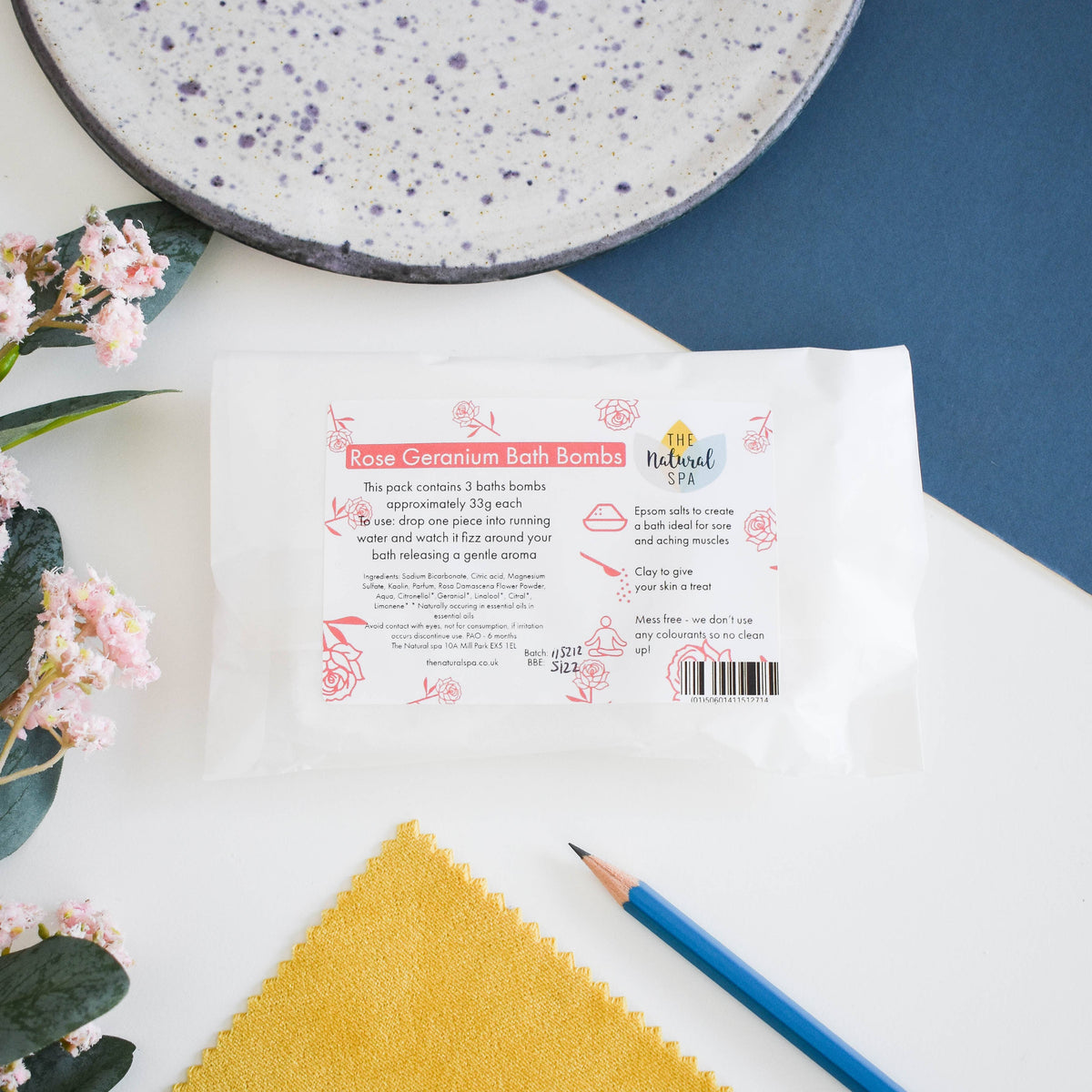The Natural Spa Cosmetics - Rose Geranium -Bath Bombs - Vegan Gift 3 per pack