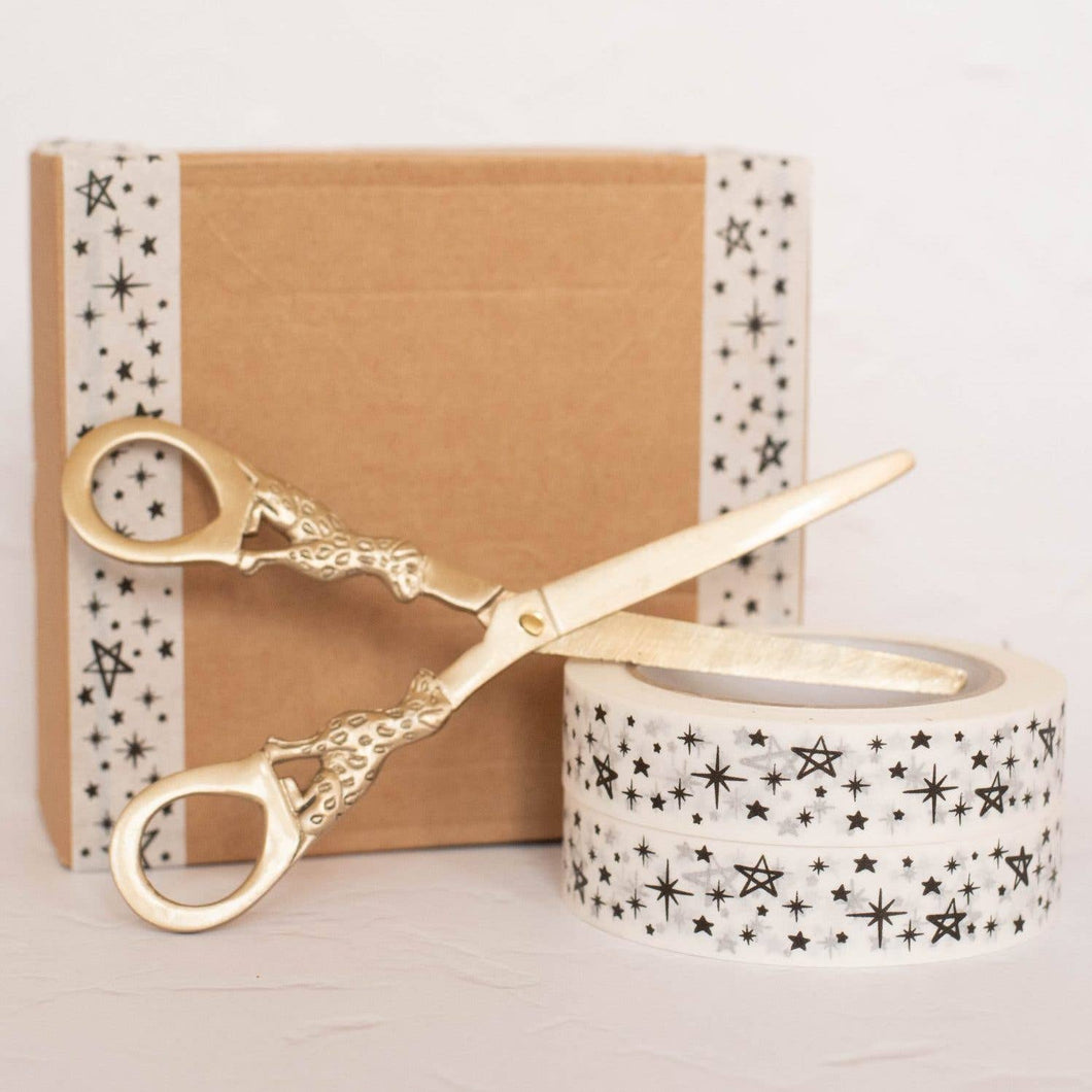 Eco-Friendly Sticky Tape - Recyclable Compostable and Paper Christmas Gift Tape - 50 meter, Fun Christmas Kraft Tape, Eco Packaging Tape - Stars on White Paper Design