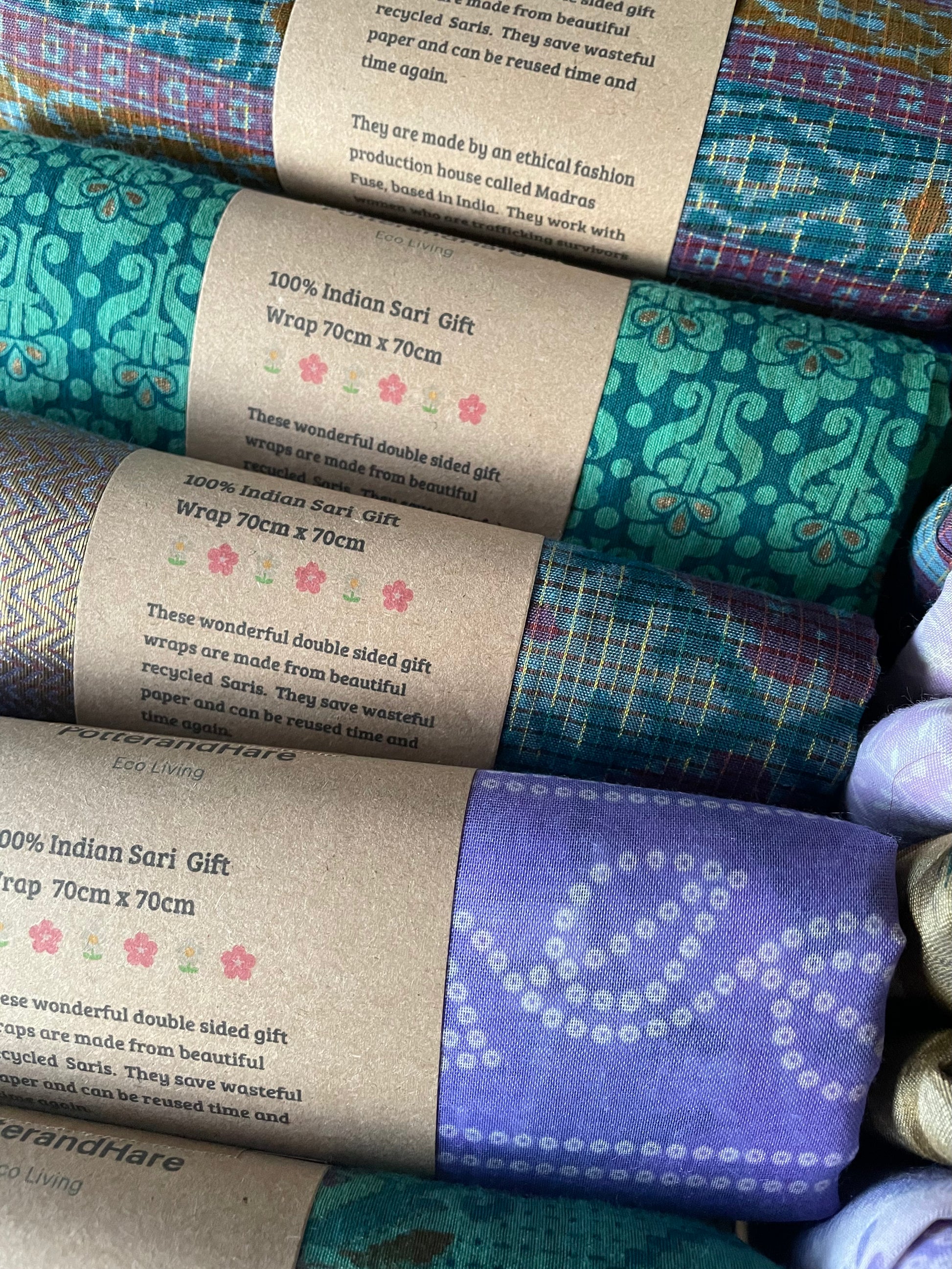 Handmade Fabric Gift Wrap 70cm x 70cm made by hand in India from recycled saris - Christmas Eco Wrapping