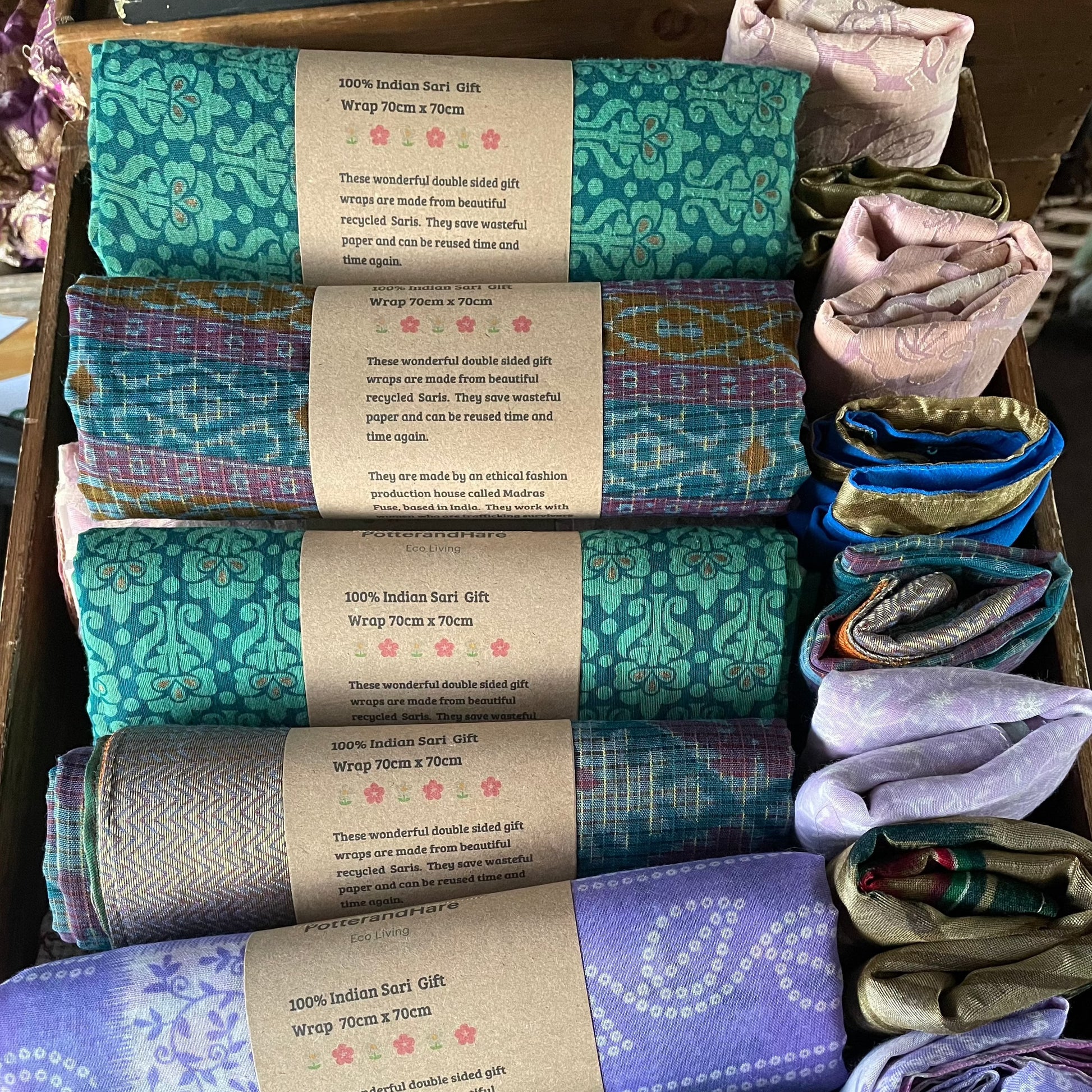 Handmade Fabric Gift Wrap 70cm x 70cm made by hand in India from recycled saris - Christmas Eco Wrapping