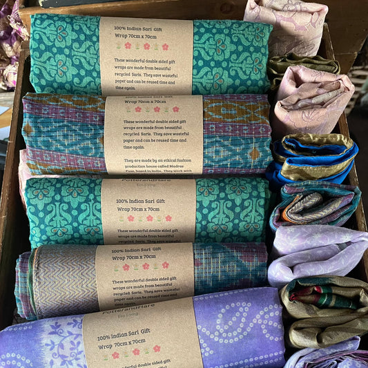 Handmade Fabric Gift Wrap 70cm x 70cm made by hand in India from recycled saris - Christmas Eco Wrapping