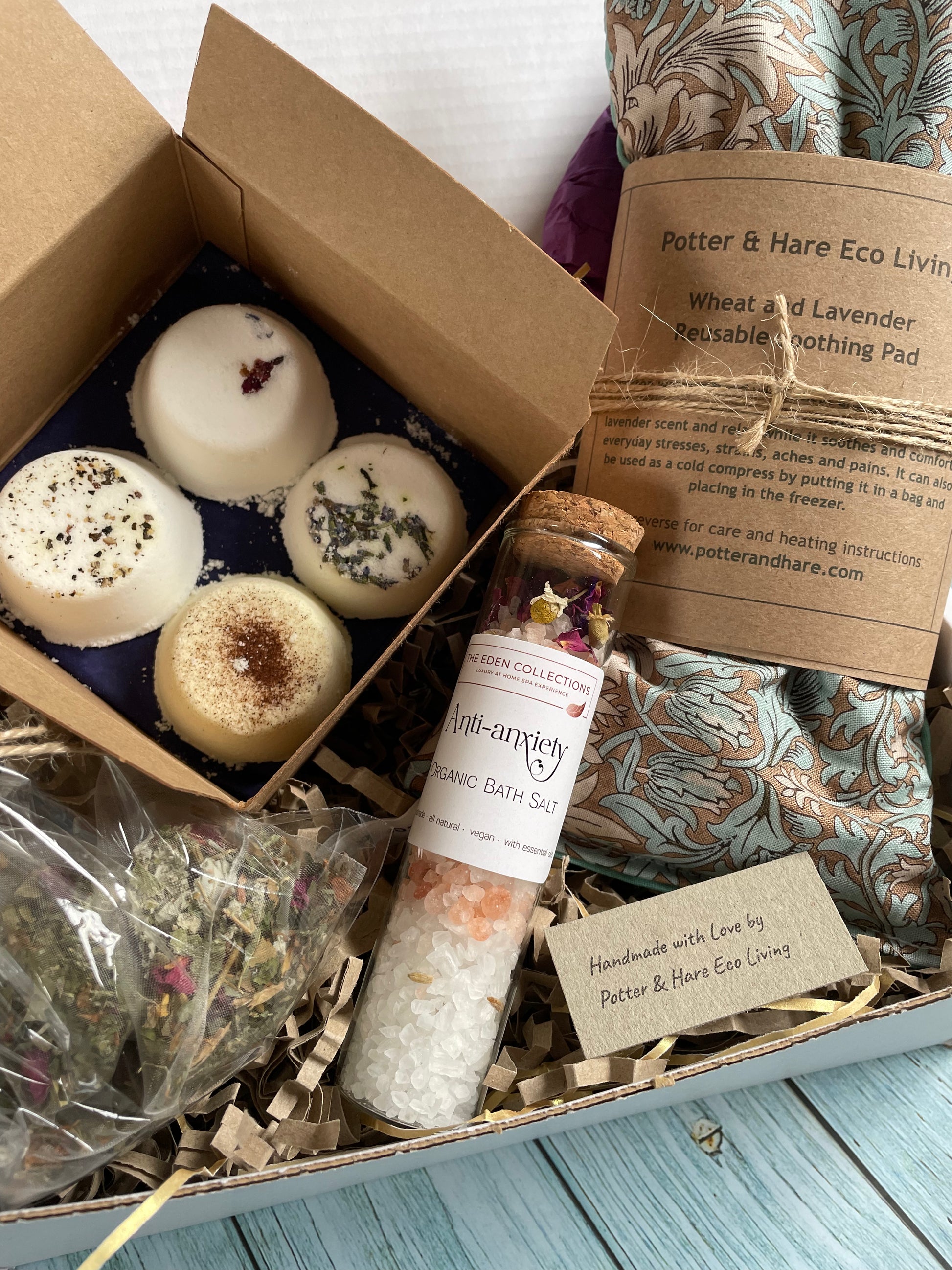 All Natural and Handmade Menopause Gift Set, Eco Menopause Gift Box containing aromatherapy shower steamers, heat pad, eye mask, bath salts and soothing tea bags