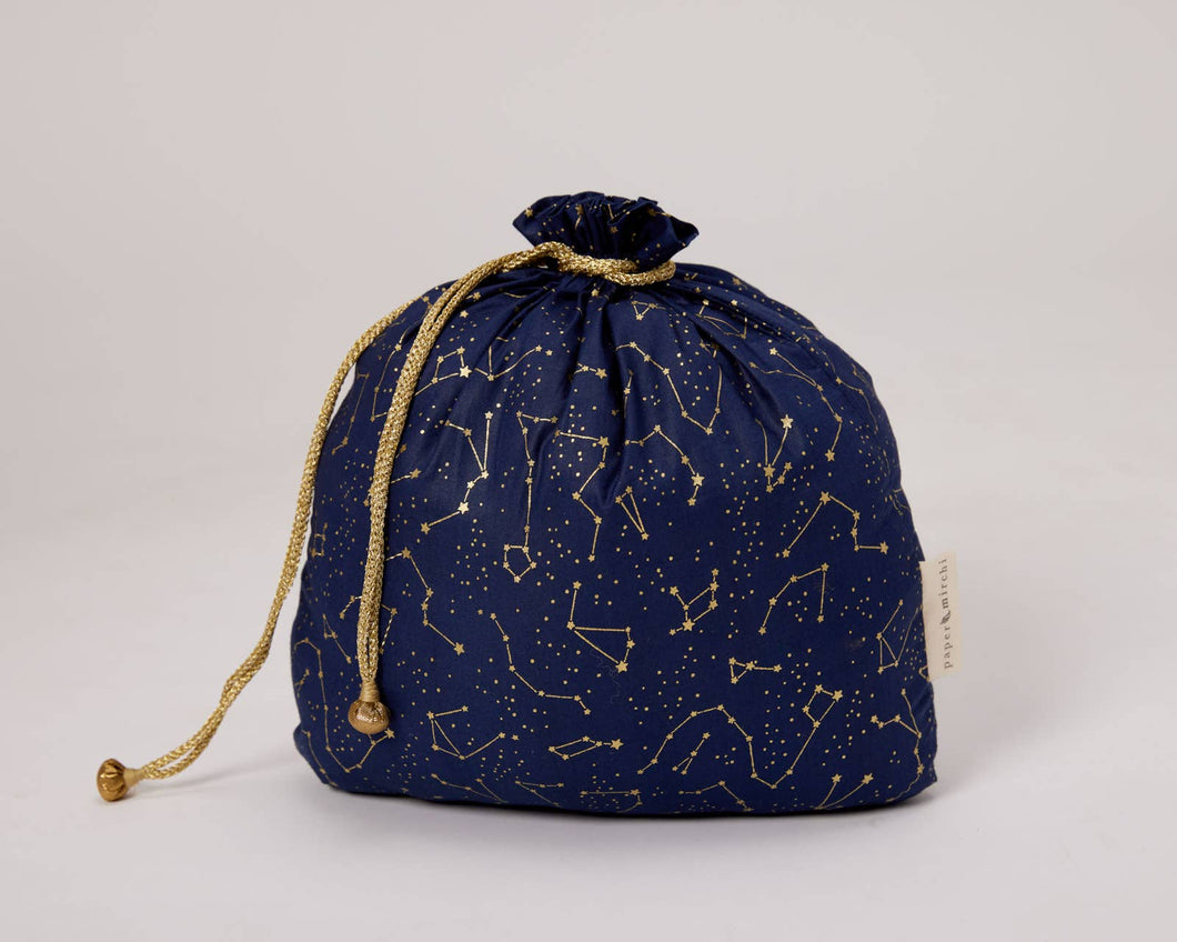 Reusable Fabric Gift Bags Double Drawstring - Hand Block Printed - Large - H33cm x W29cm / Night Sky