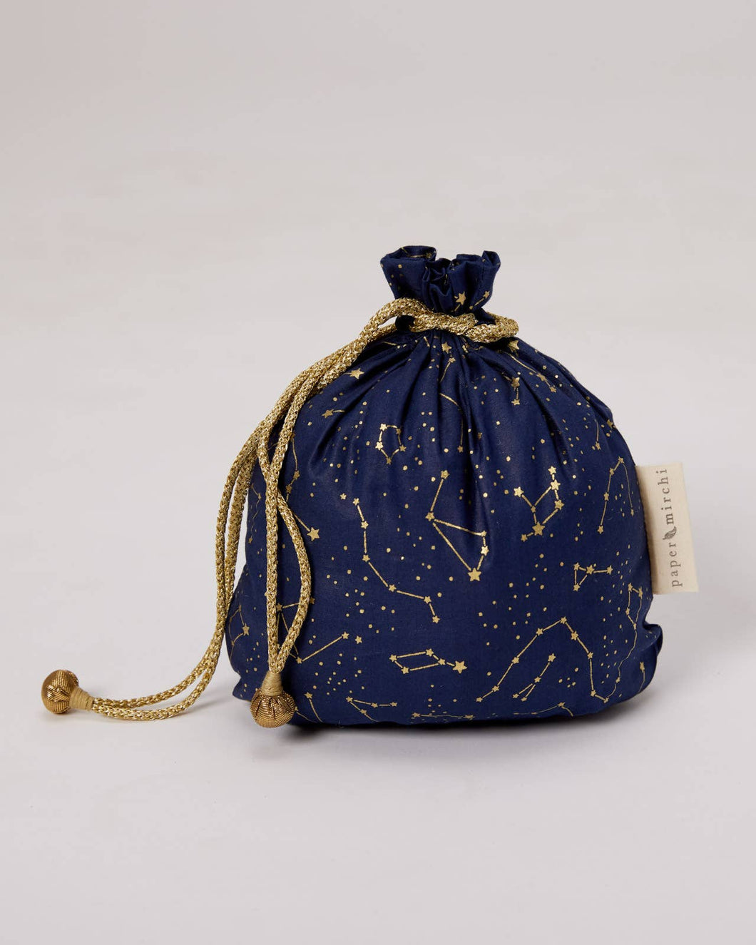 Reusable Fabric Gift Bags Double Drawstring - Hand Block Printed - Medium - H23cm x W19cm / Night Sky