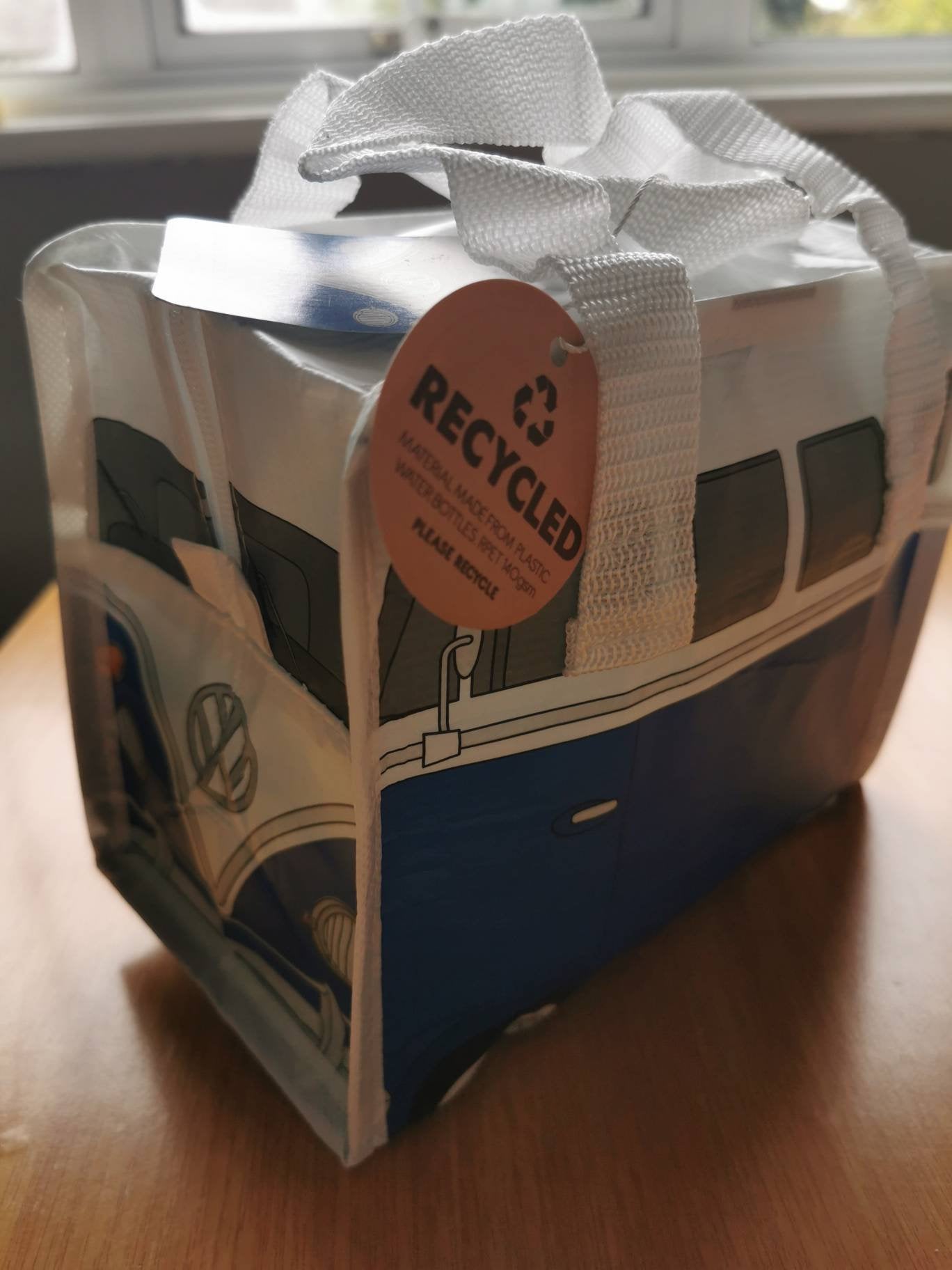 VW Campervan, Fiat 500 and Other Fun Design Lunch Bags made from recycled plastic bottles Blue Camper
