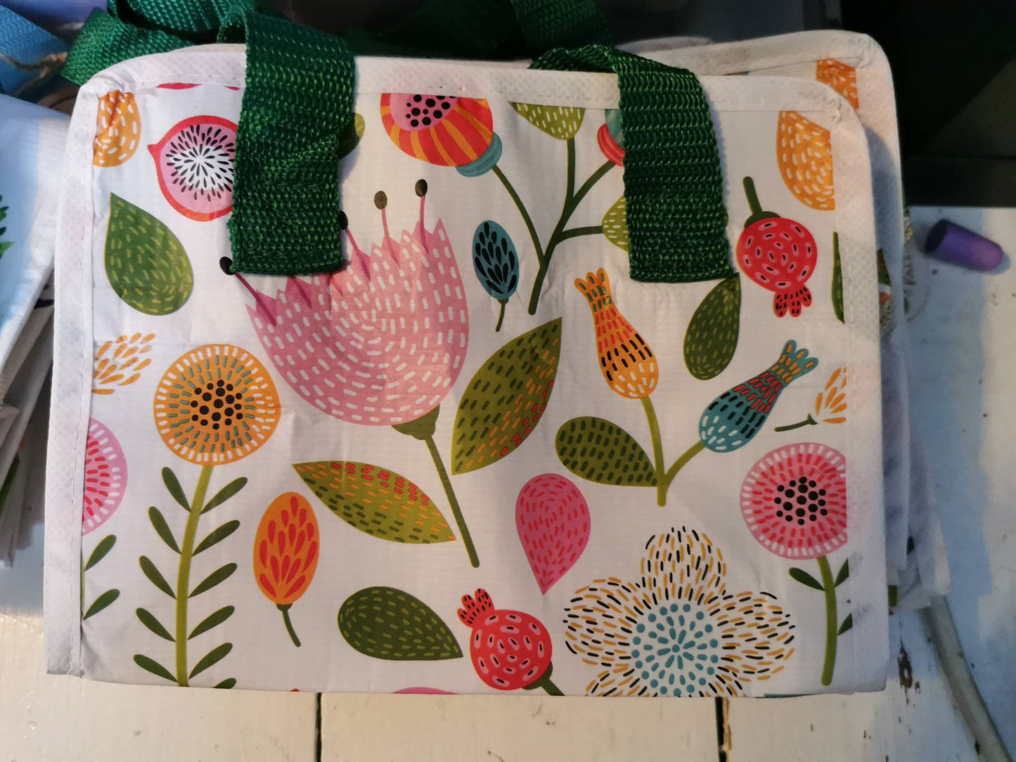 VW Campervan, Fiat 500 and Other Fun Design Lunch Bags made from recycled plastic bottles Flower Power