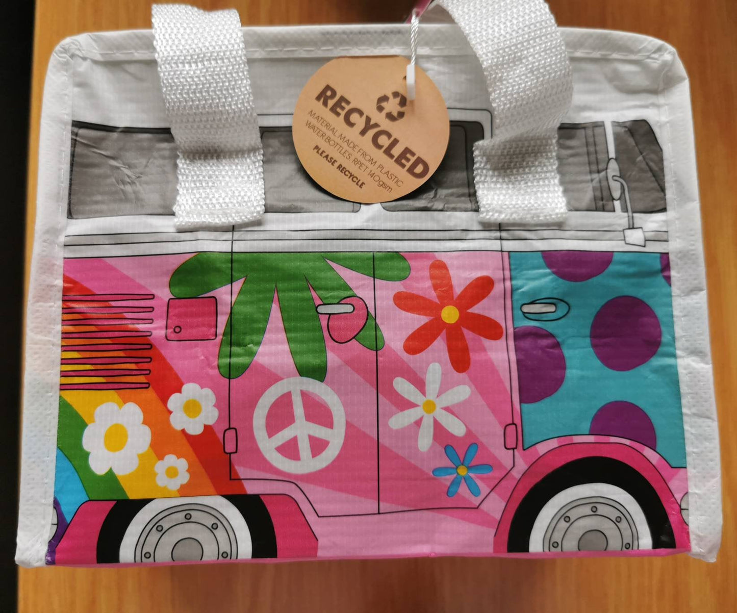 VW Campervan, Fiat 500 and Other Fun Design Lunch Bags made from recycled plastic bottles Pink Summer of Love
