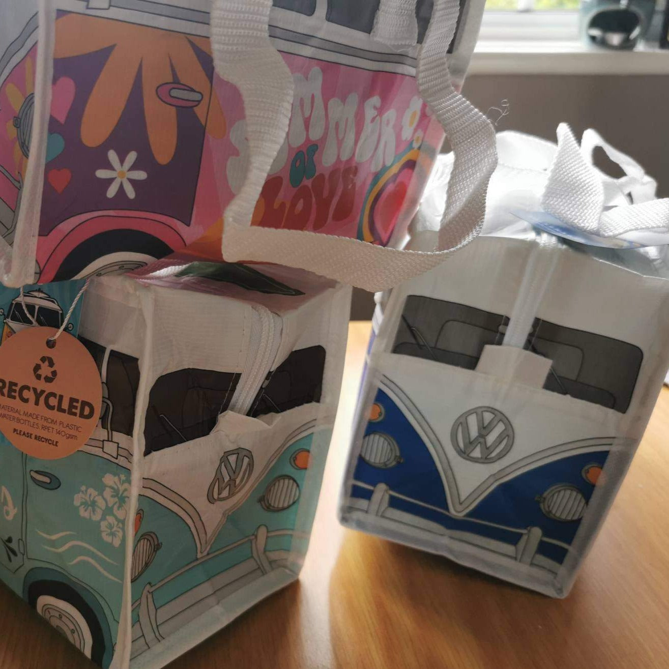 VW Campervan, Fiat 500 and Other Fun Design Lunch Bags made from recycled plastic bottles