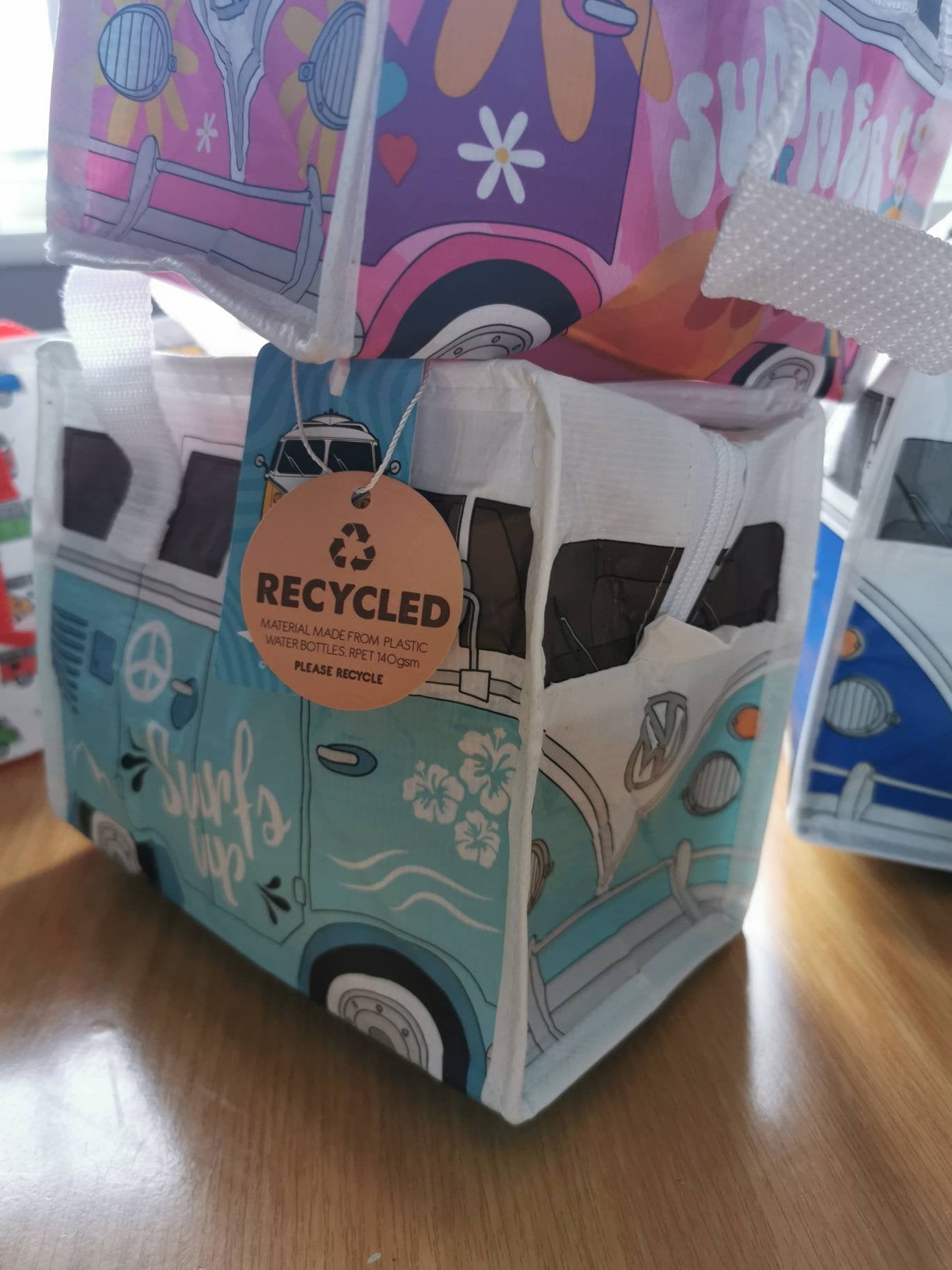 VW Campervan, Fiat 500 and Other Fun Design Lunch Bags made from recycled plastic bottles