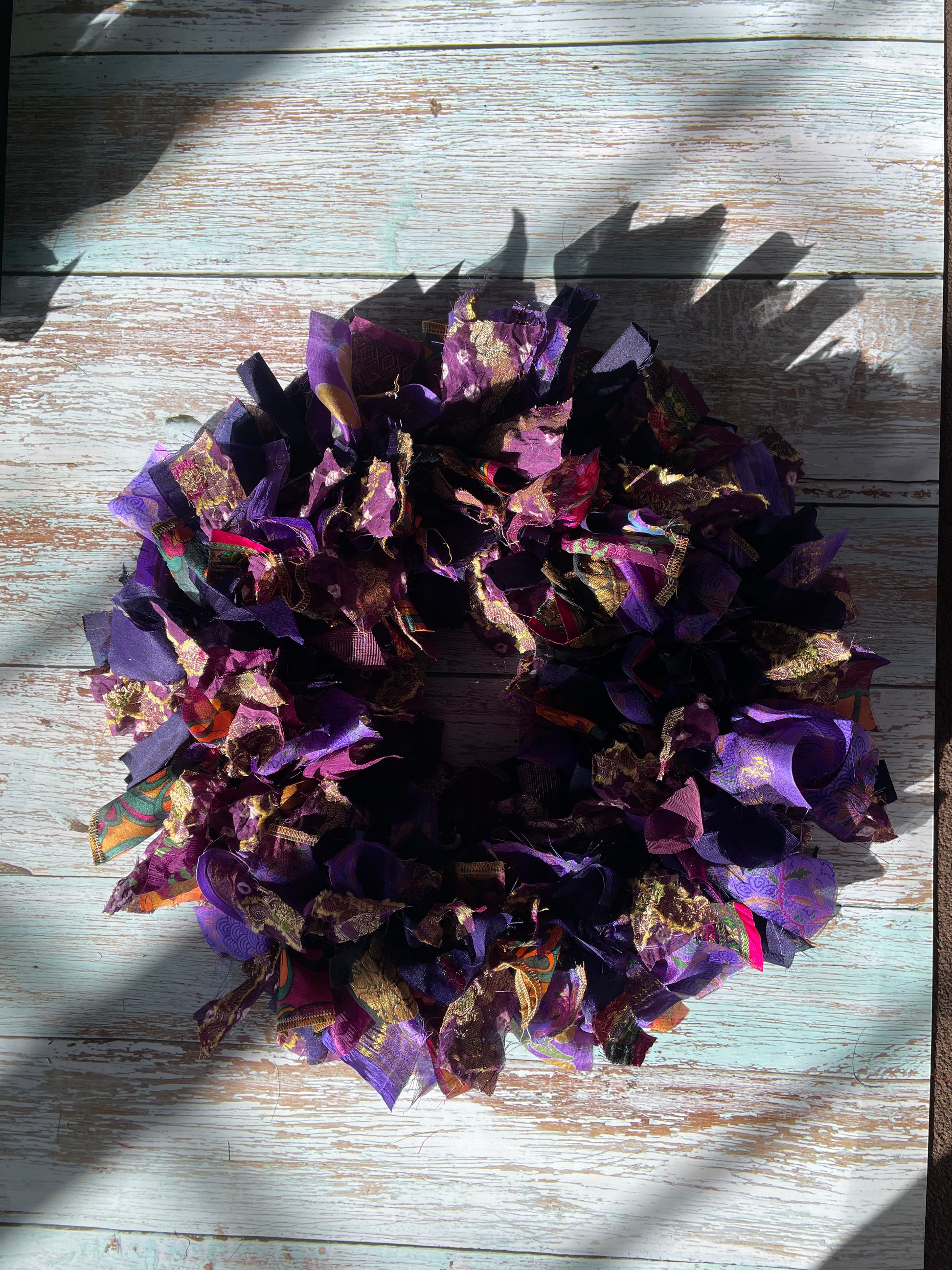 Handmade Upcycled Sari Rag Wreath, Handmade Unusual Christmas Door Wreath