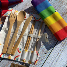 Load image into Gallery viewer, 100% Natural Bamboo Cutlery 6 Piece Set in Canvas Holder - Various Designs including Rainbow, Unicorn and Flowers

