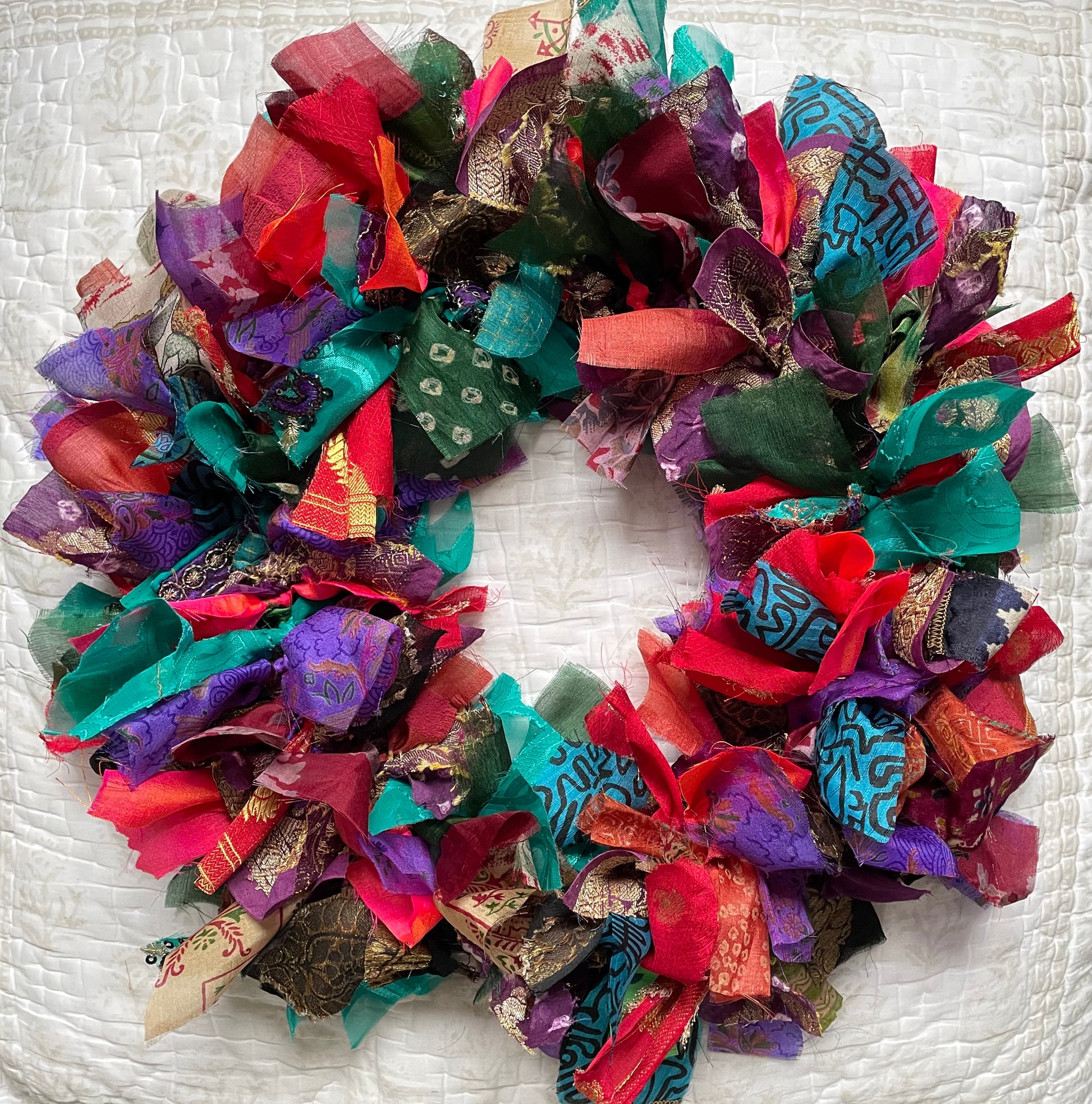 Handmade Upcycled Sari Rag Wreath, Handmade Unusual Christmas Door Wreath Rainbow