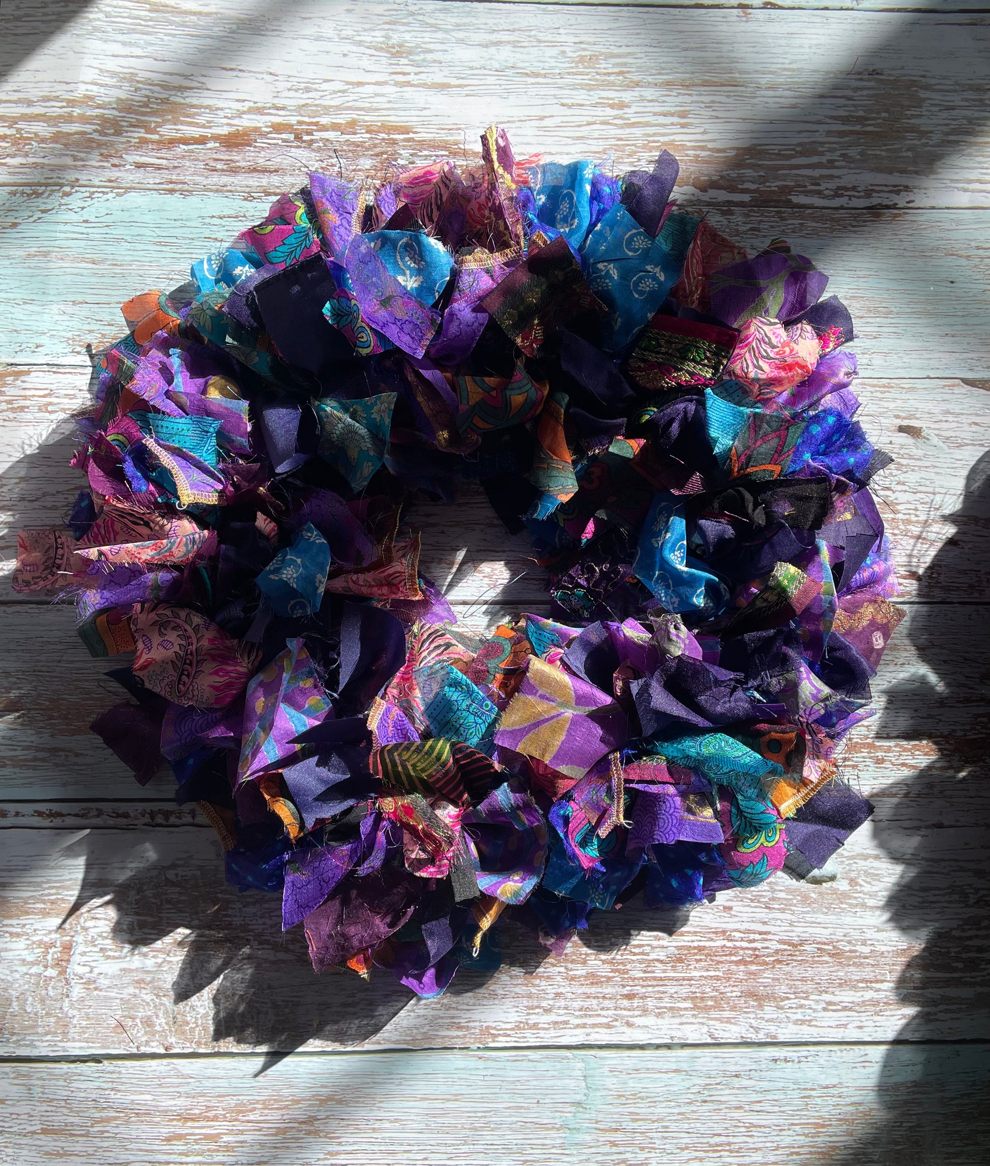 Handmade Upcycled Sari Rag Wreath, Handmade Unusual Christmas Door Wreath Purple