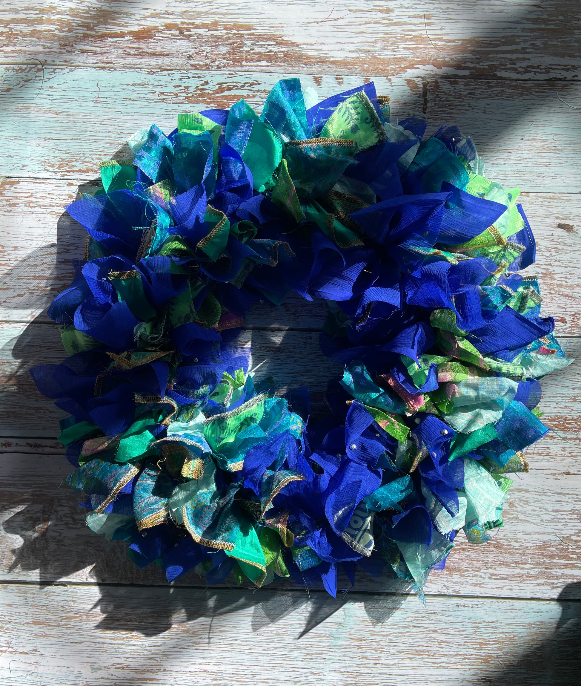 Handmade Upcycled Sari Rag Wreath, Handmade Unusual Christmas Door Wreath Blues