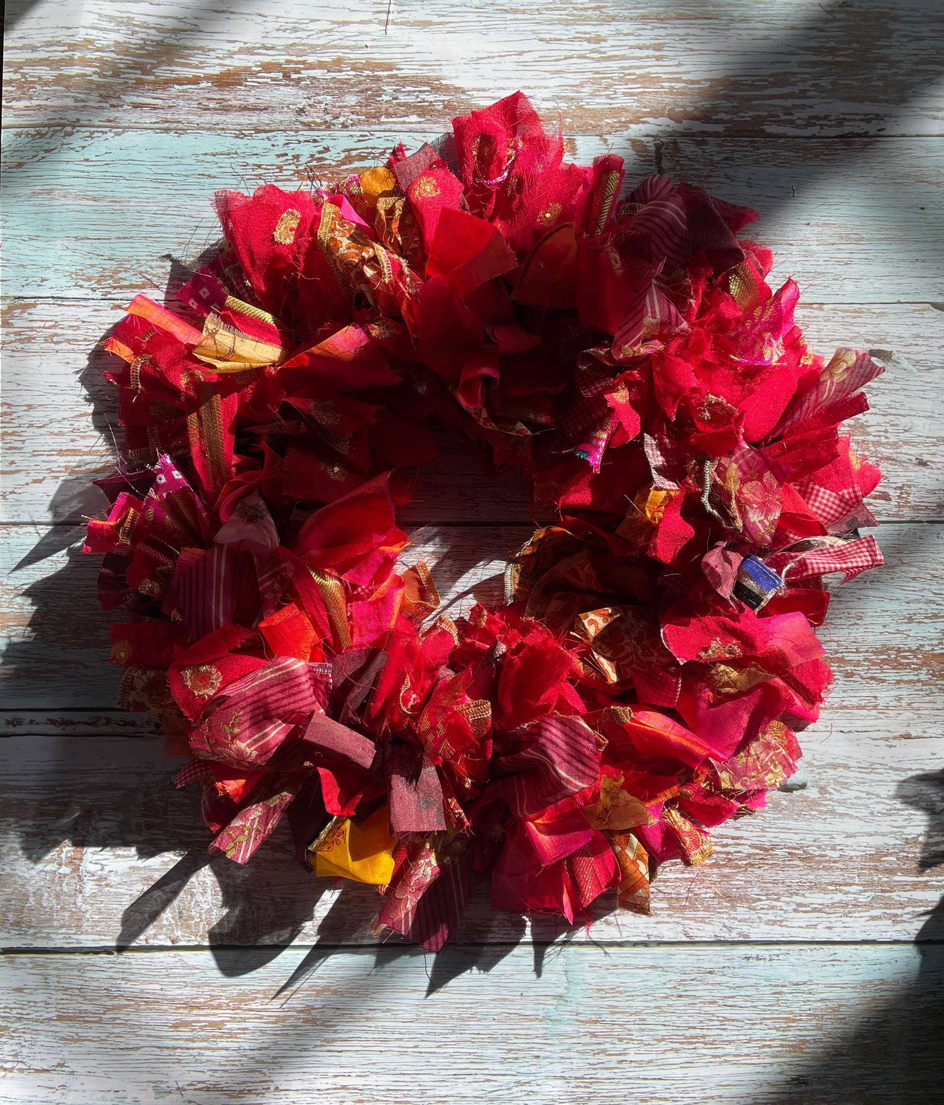 Handmade Upcycled Sari Rag Wreath, Handmade Unusual Christmas Door Wreath Reds