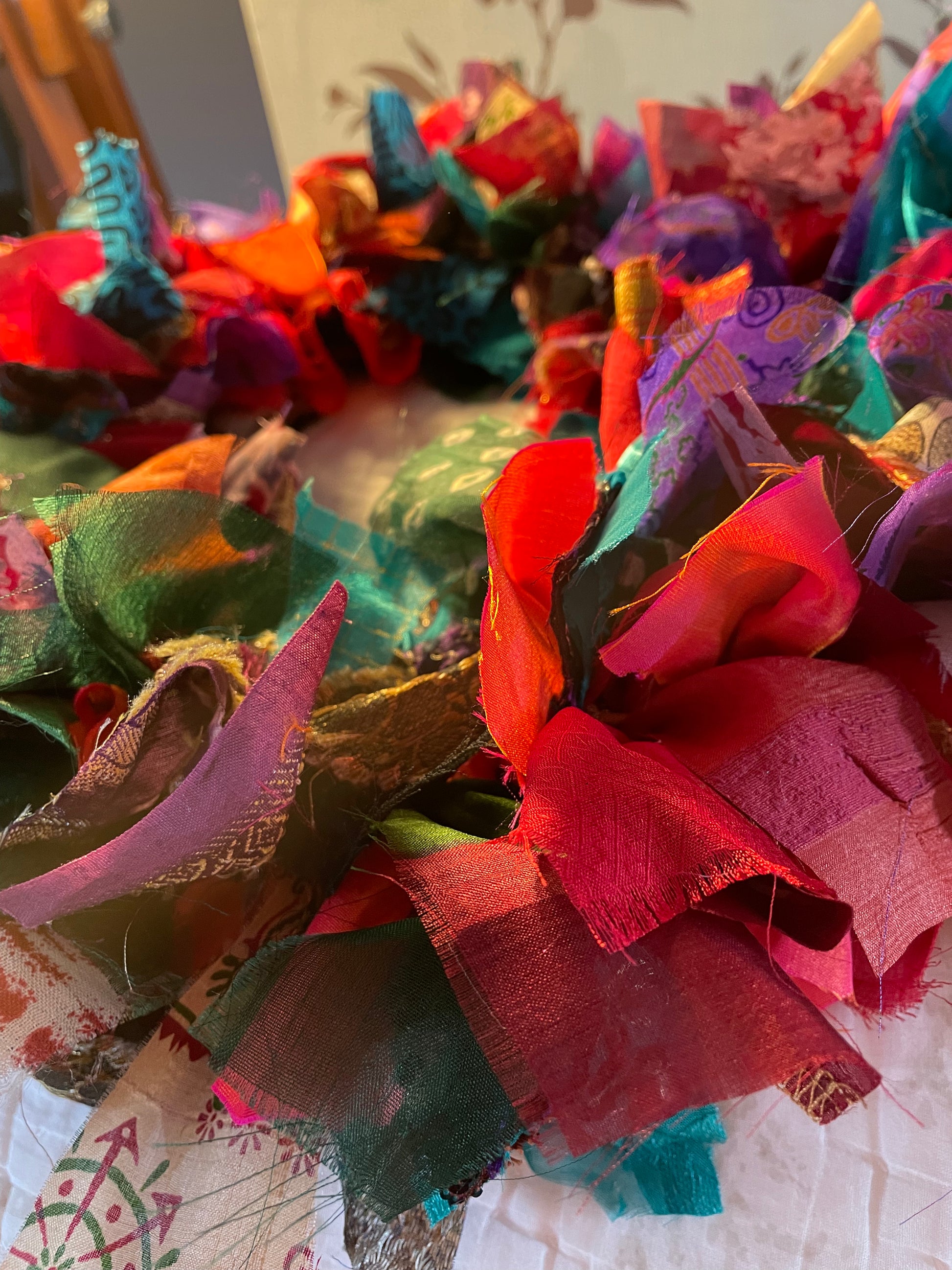 Handmade Upcycled Sari Rag Wreath, Handmade Unusual Christmas Door Wreath