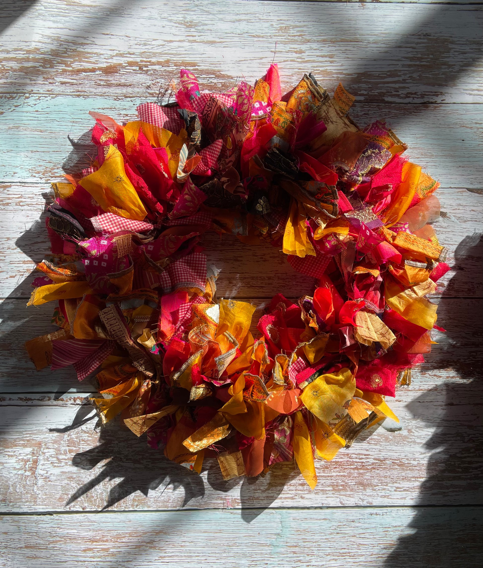 Handmade Upcycled Sari Rag Wreath, Handmade Unusual Christmas Door Wreath Yellow