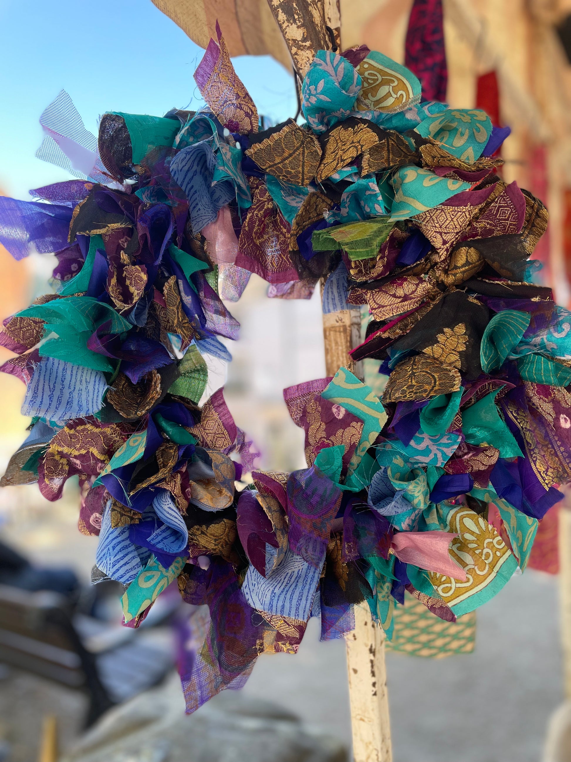 Handmade Upcycled Sari Rag Wreath, Handmade Unusual Christmas Door Wreath